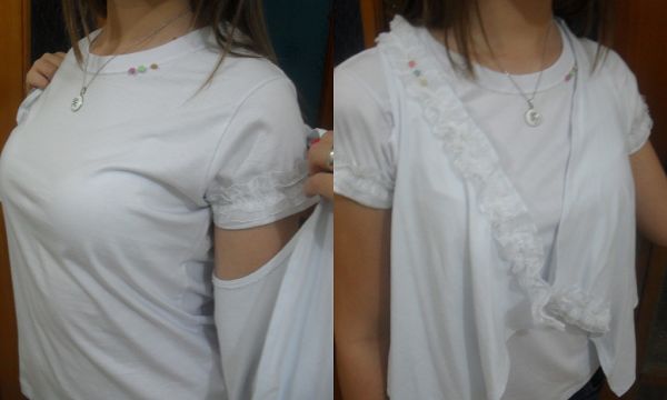 Camiseta branca com colete branco detalhe em voal
